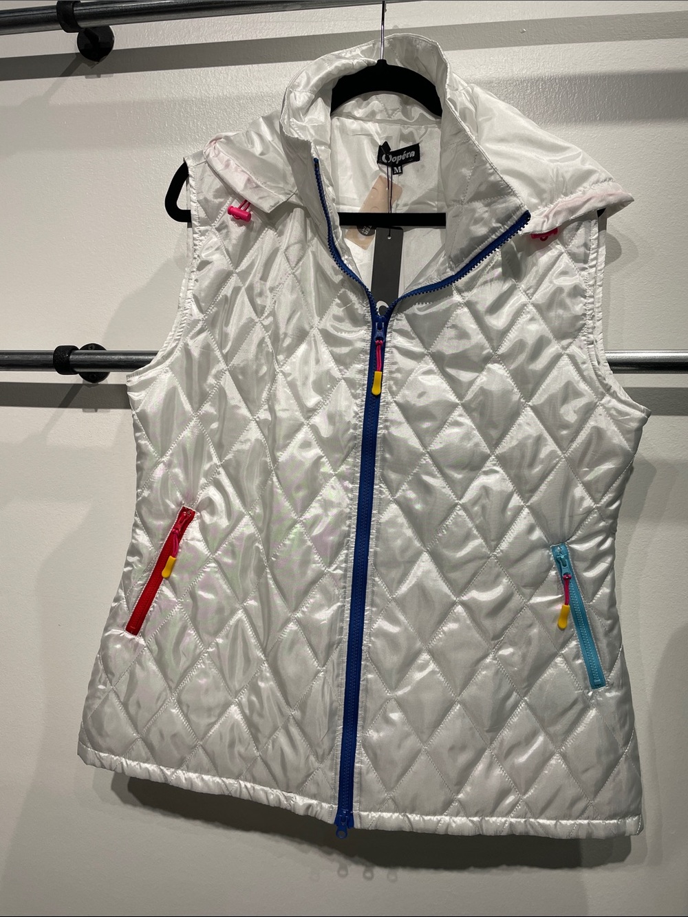 OOPERA White Quilted Hooded Vest with Colorful Zippers